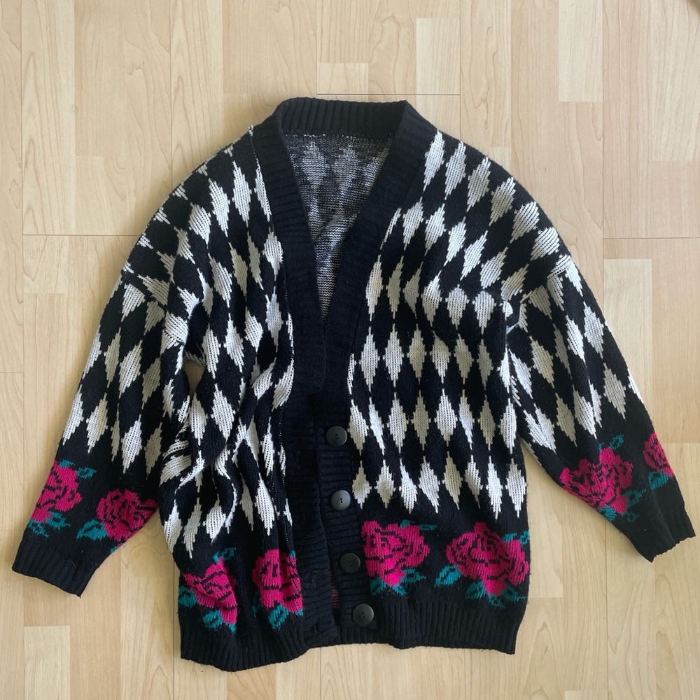 Vintage Oversized Black & White Diamond Cardigan with Pink Rose Detail